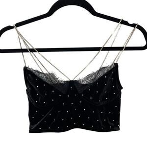 Lu Couture Black Velvet Lace Rhinestone Bralette Top S